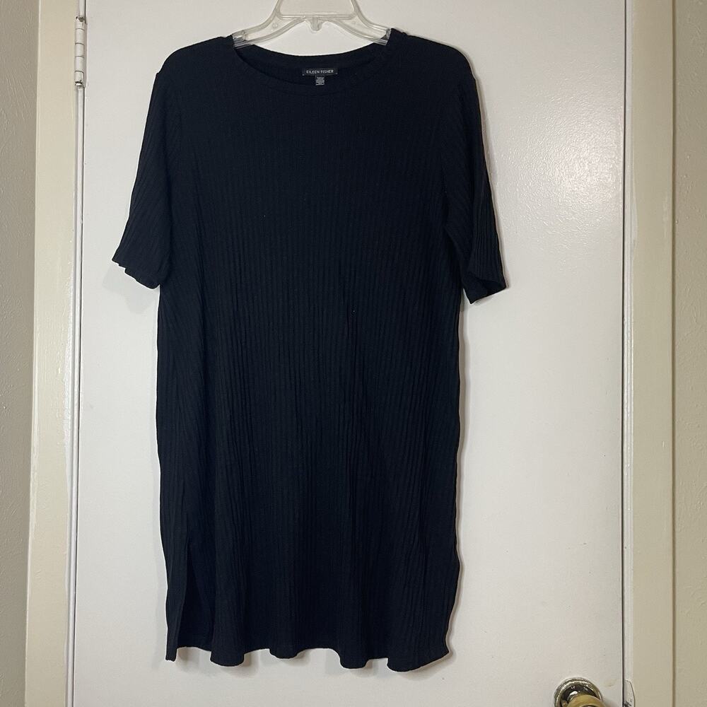 Eileen fisher black short sleeve ribbed tunic tshirt size Medium